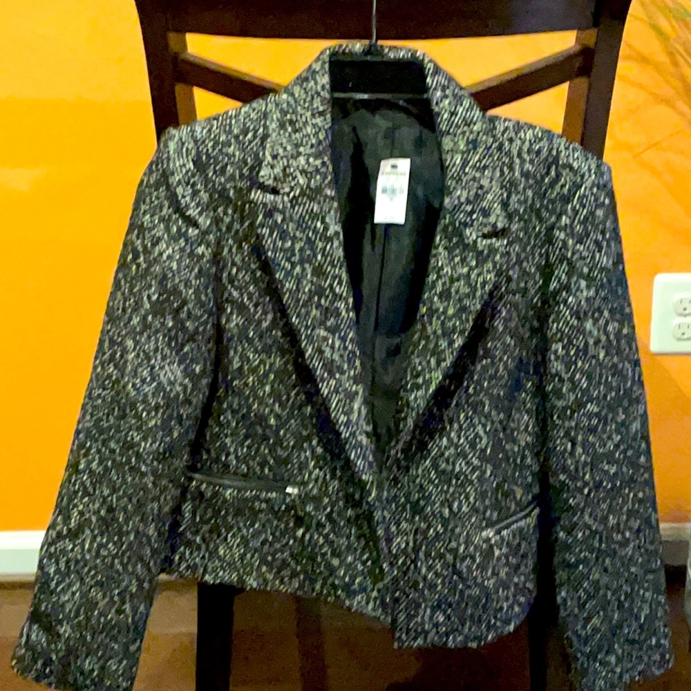 Black/White Jacket w/Faux Leather Trim Pockets